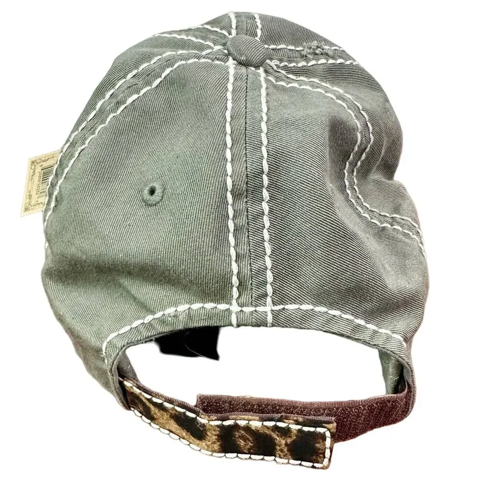 Kbethos Vintage NWT 100% Cotton Gray Happy Camper Cheetah Print Embroidered Cap